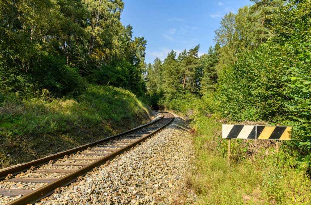 A peaceful railway track winding through lush greenery.