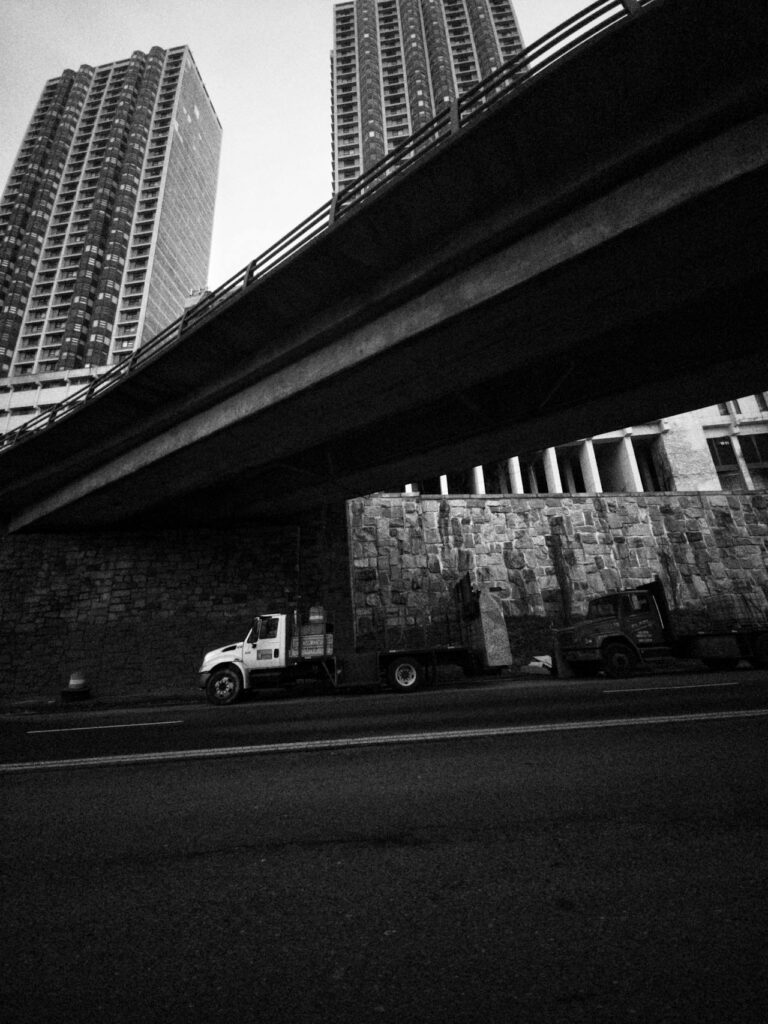 A black and white view of urban buildings and a highway overpass.
